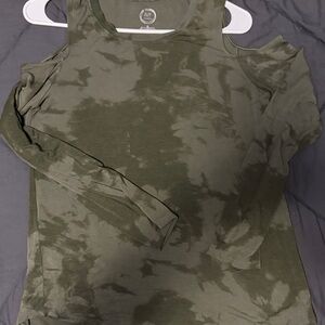 Maurices Olive Green Tie-Dye Cold-Shoulder Long Sleeve Top